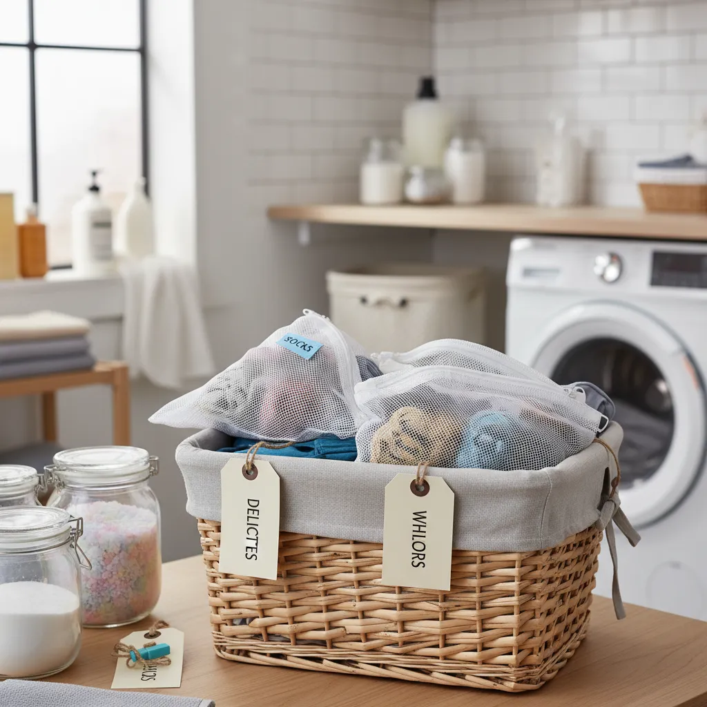 Wicker laundry basket with mesh bags and labels on a wooden table near washing machine