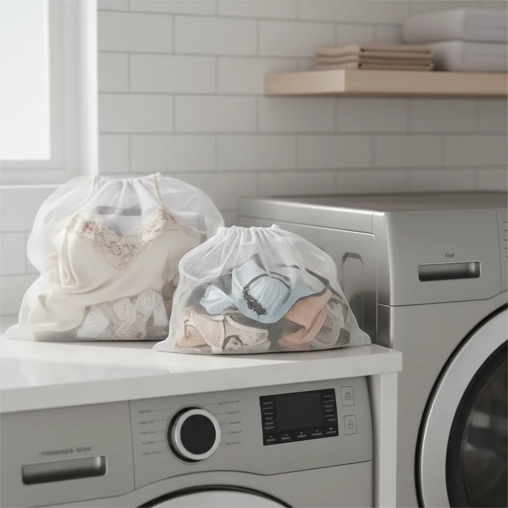 mesh laundry bags containing lingerie and delicate garments