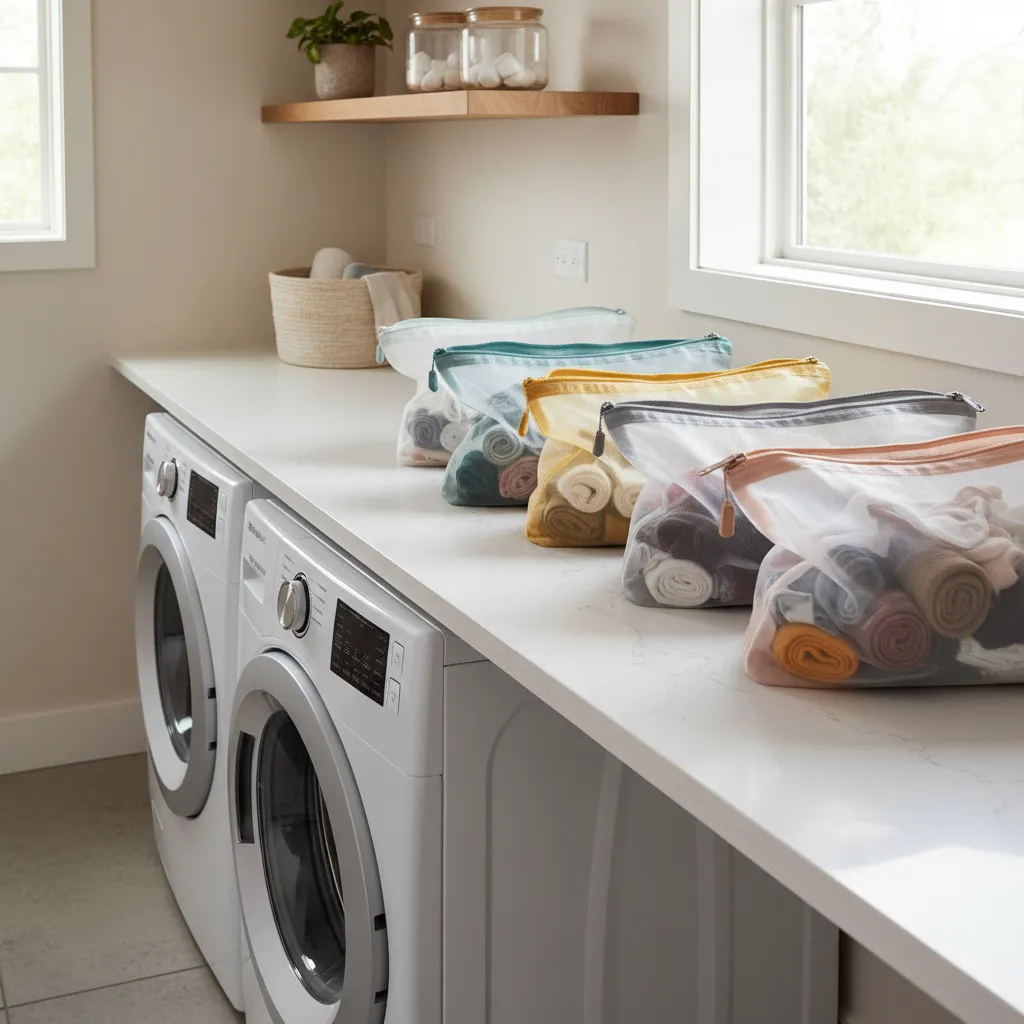 Mesh laundry bags filled with socks placed on top of washing machine