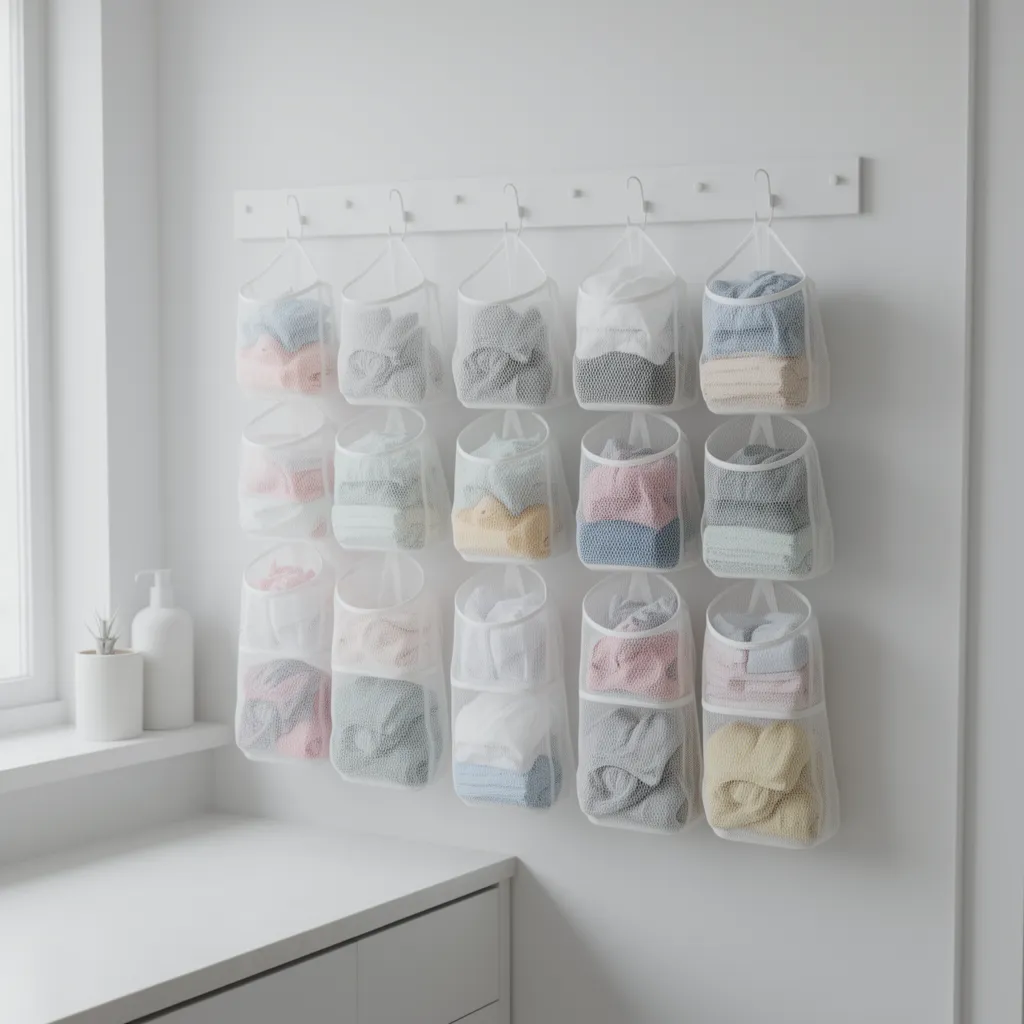 mesh laundry bags hanging on wall organizer for socks and delicates