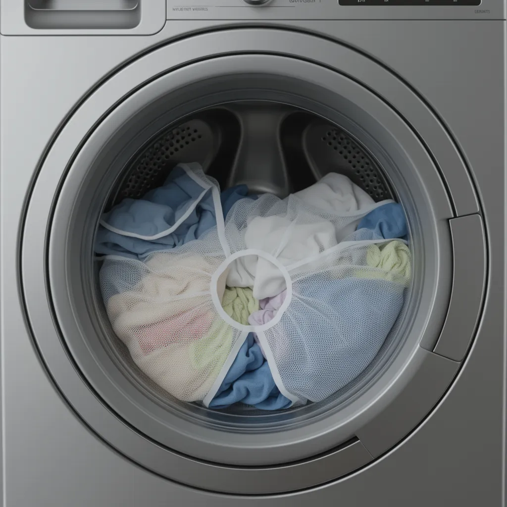 Mesh laundry bags holding clothes inside a washing machine drum