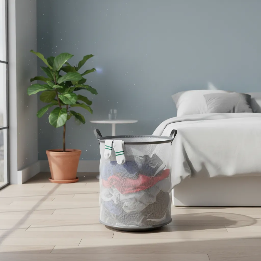 Breathable mesh laundry basket with sports clothes inside