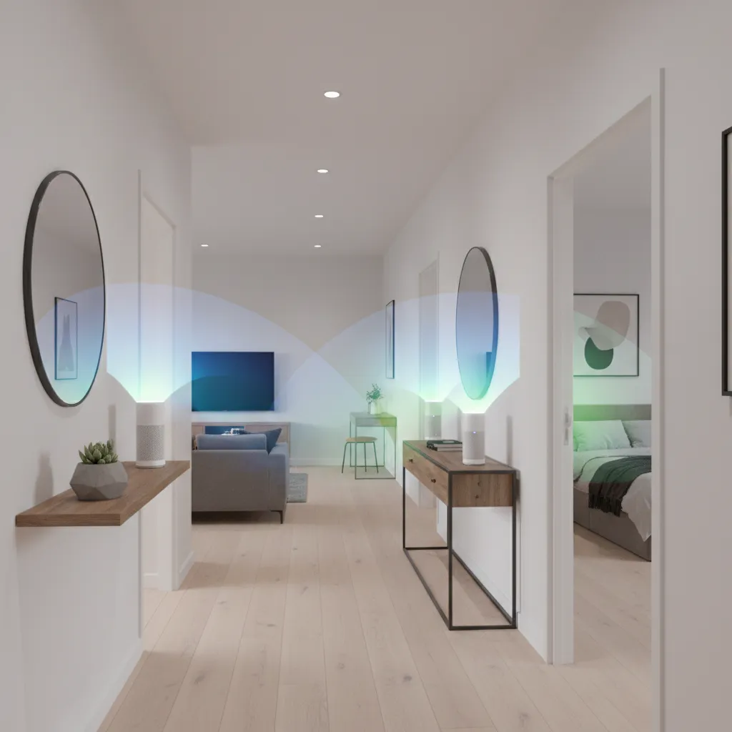 mesh wifi nodes placed across large apartment for smart home coverage
