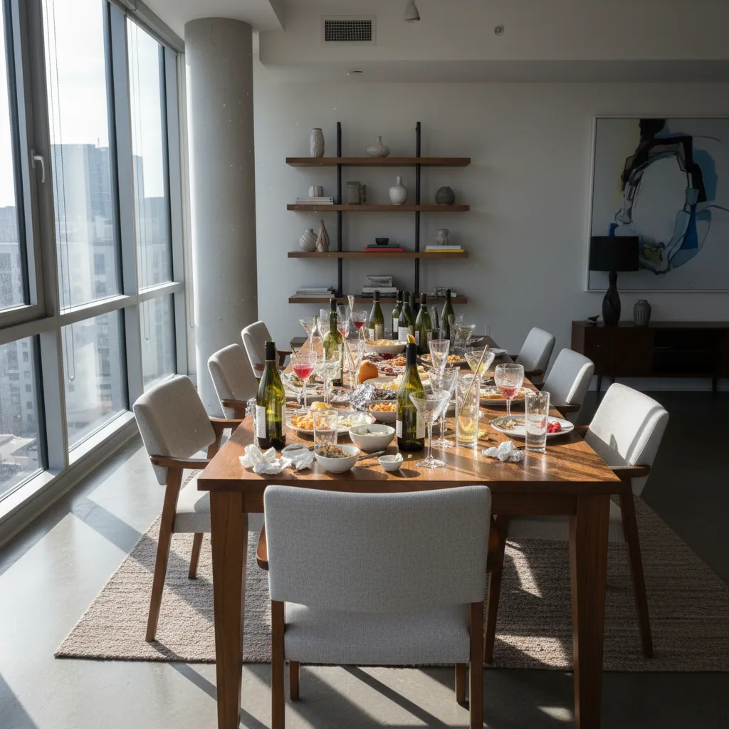 Apartamento moderno con mesa llena de vasos y botellas después de una fiesta