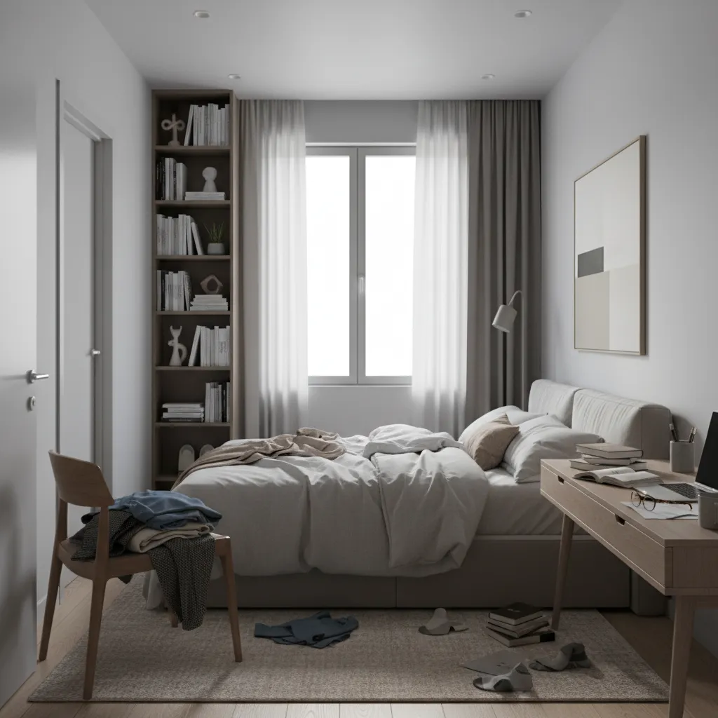 Messy small bedroom with unmade bed clothes on chair books and a tall wooden bookshelf
