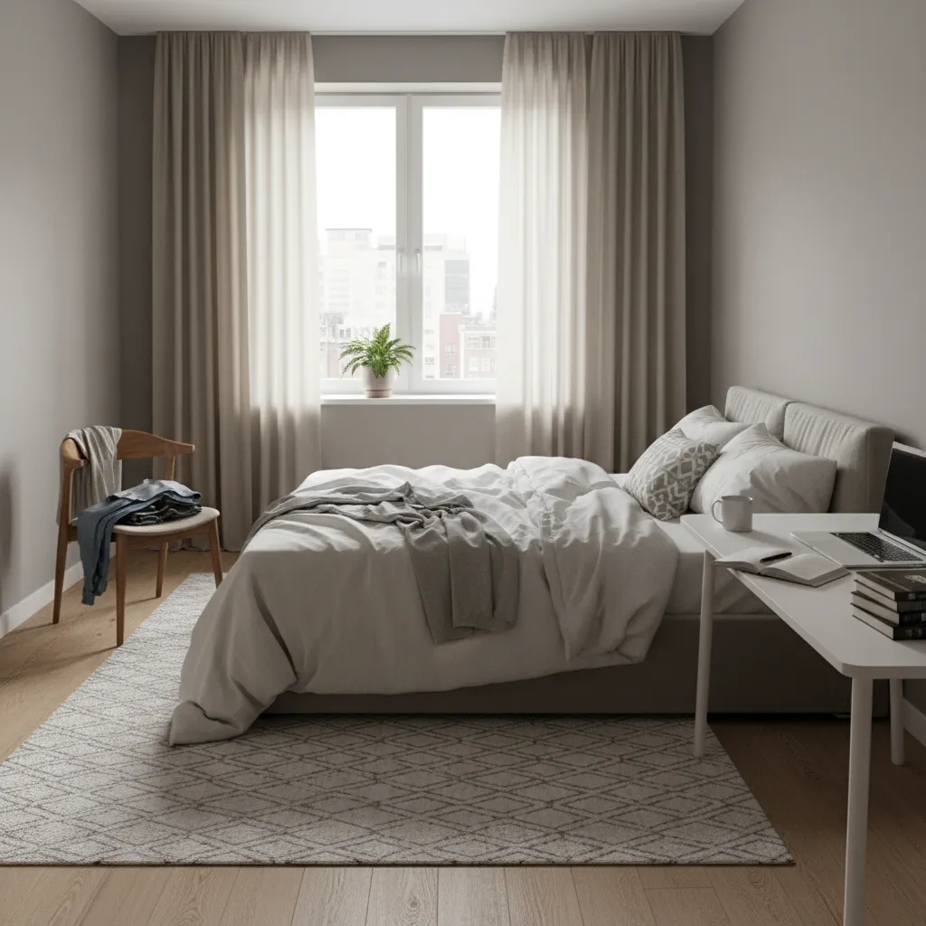 slightly messy bedroom with clothes on chair and unmade bed before quick cleaning
