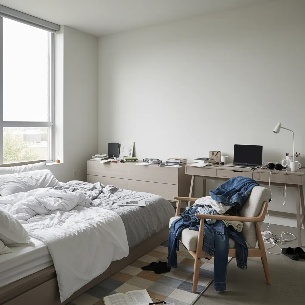 Messy bedroom with unmade bed cluttered dresser and clothes piled on a chair and desk