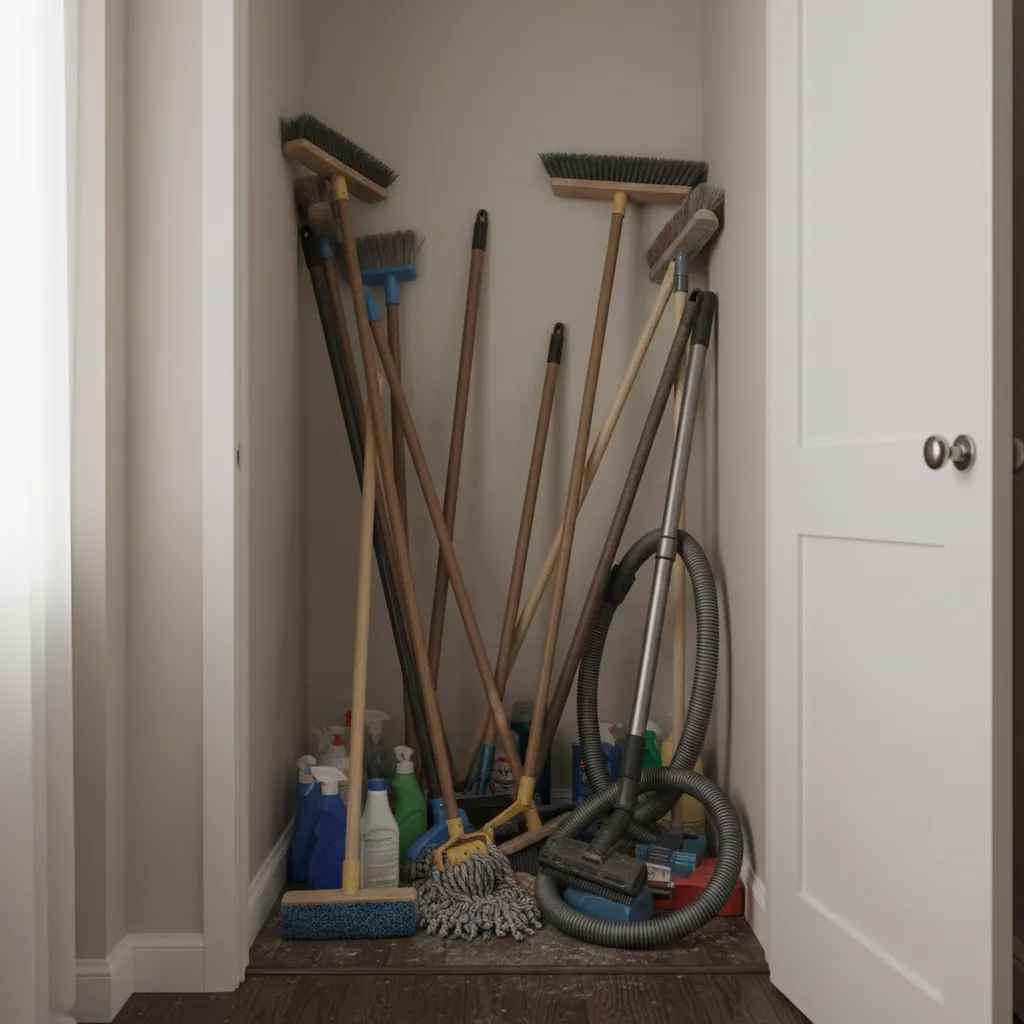 cluttered broom cabinet with tangled mops brooms and cleaning supplies