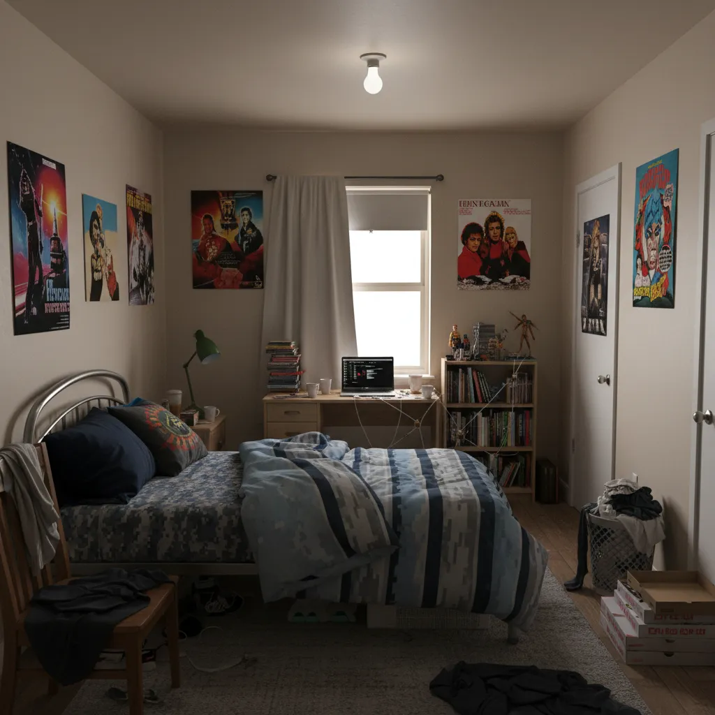 Small male bedroom with cluttered decor poor lighting and mismatched furniture