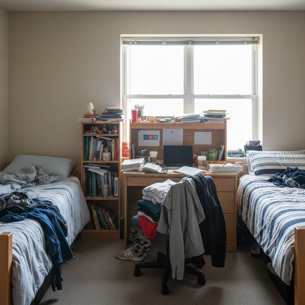 cluttered college dorm room with messy desk and floor