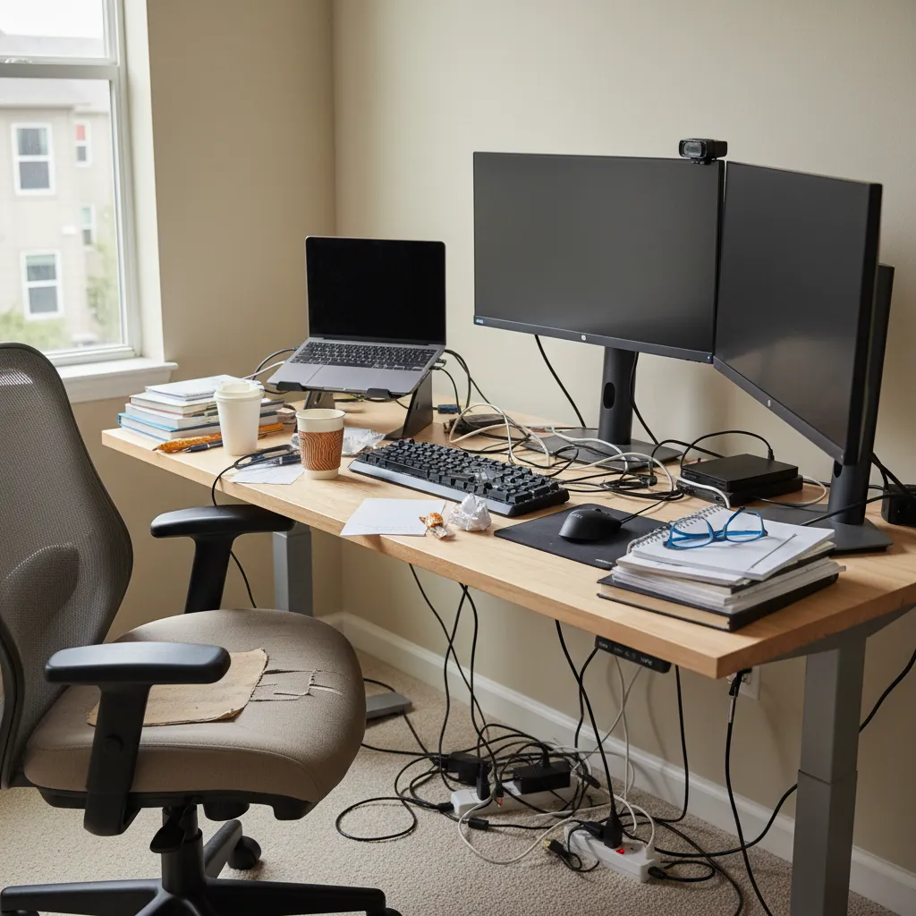 Escritorio desordenado con cables visibles y mala organización