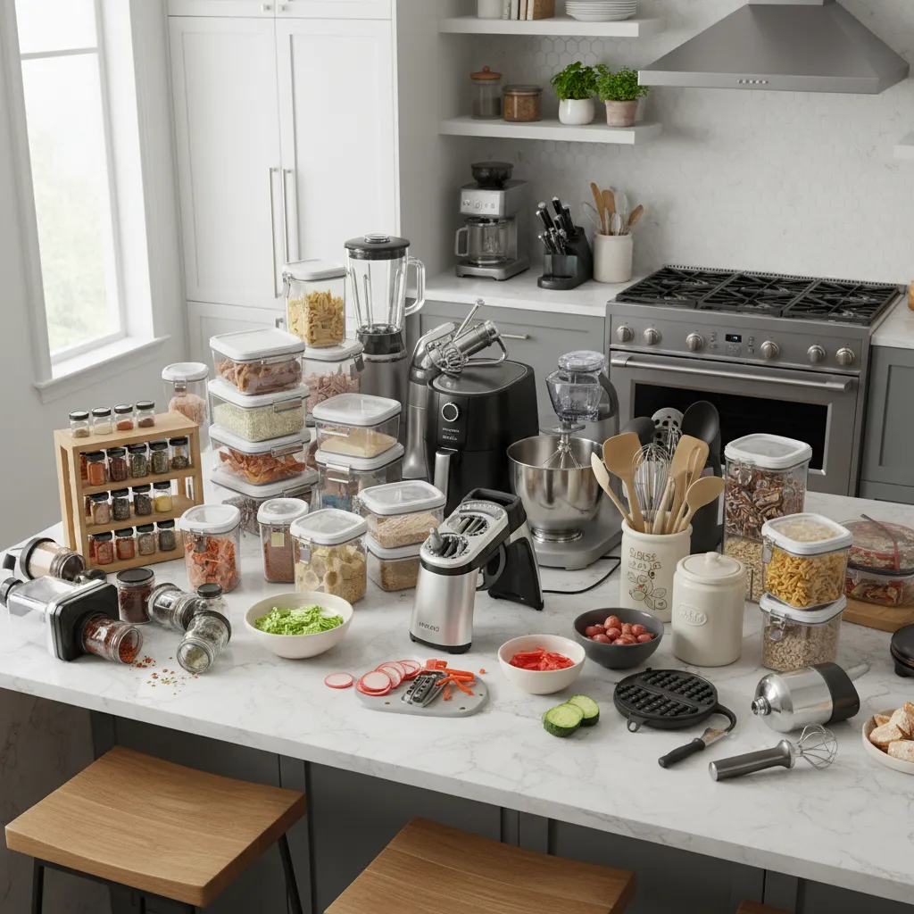countertop cluttered with complicated kitchen gadgets and tools