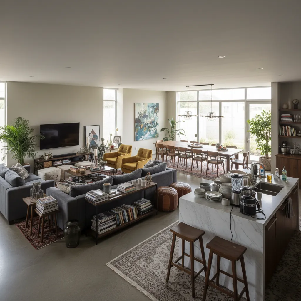 Cluttered open plan interior showing grey sofa, yellow chairs, dining area, and marble kitchen island