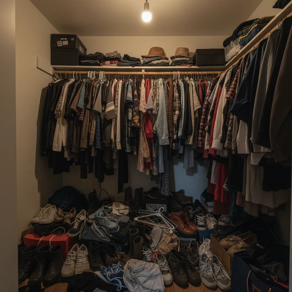 overcrowded tiny closet with clothes and shoes creating clutter