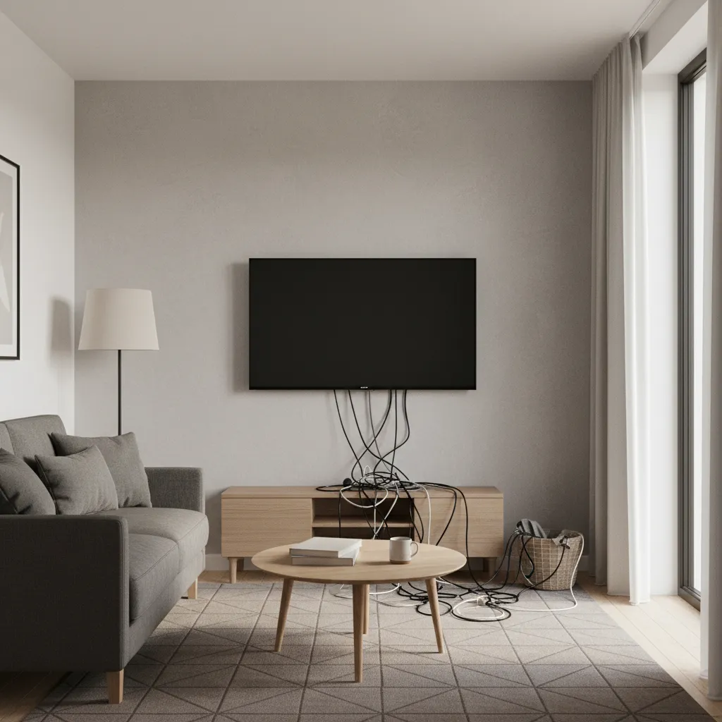 Small living room wall mounted TV with visible messy cables hanging below