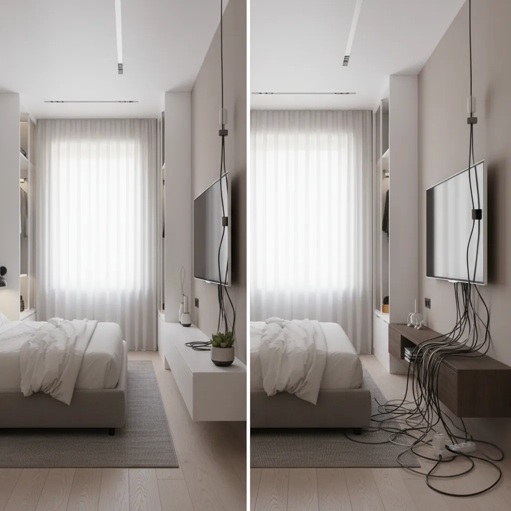 small bedroom TV with visible cables compared to organized cable management