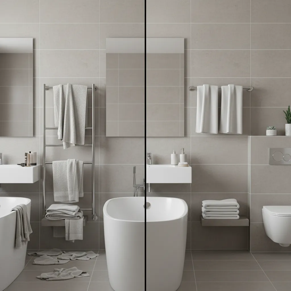 comparison of messy and neatly arranged bathroom towels