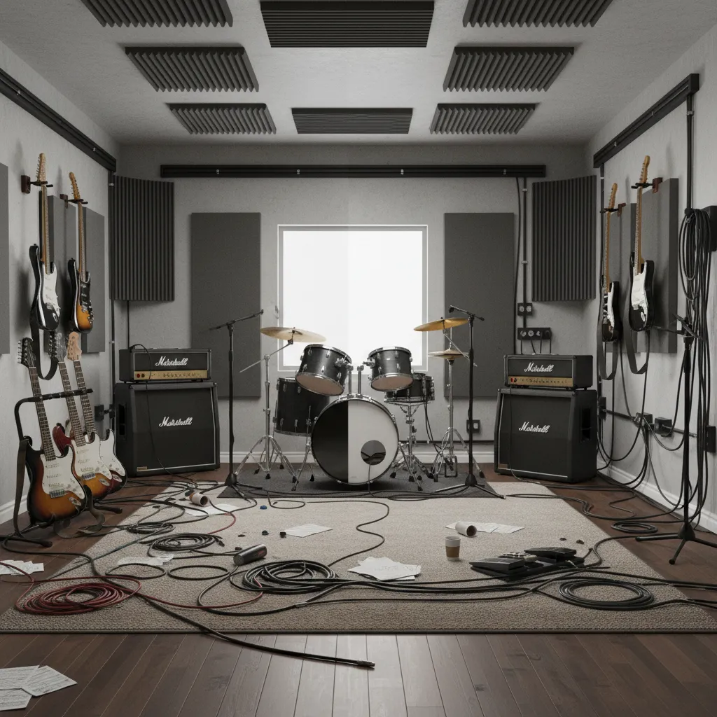 Comparison of messy rehearsal room cables and organized cable routing