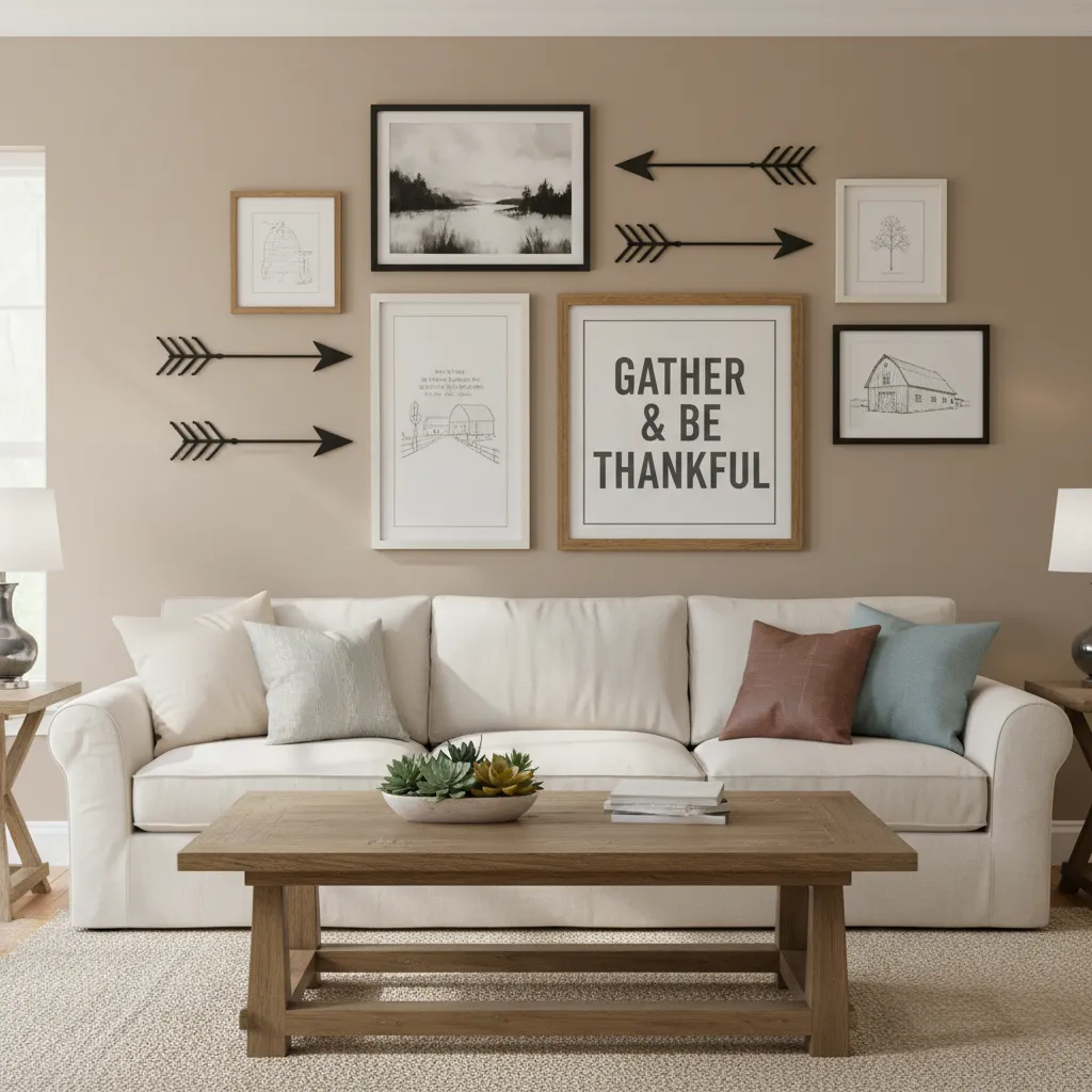 living room gallery wall featuring metal arrow wall decor among framed art