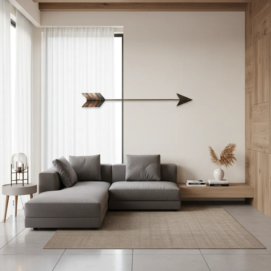 metal arrow wall art above a living room sofa creating visual direction