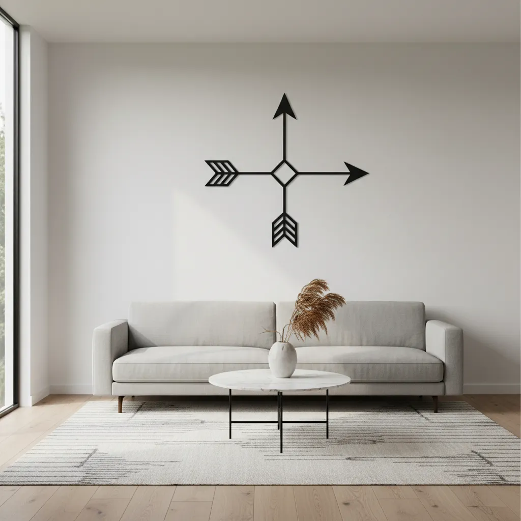 Metal arrow wall art in a minimalist modern living room