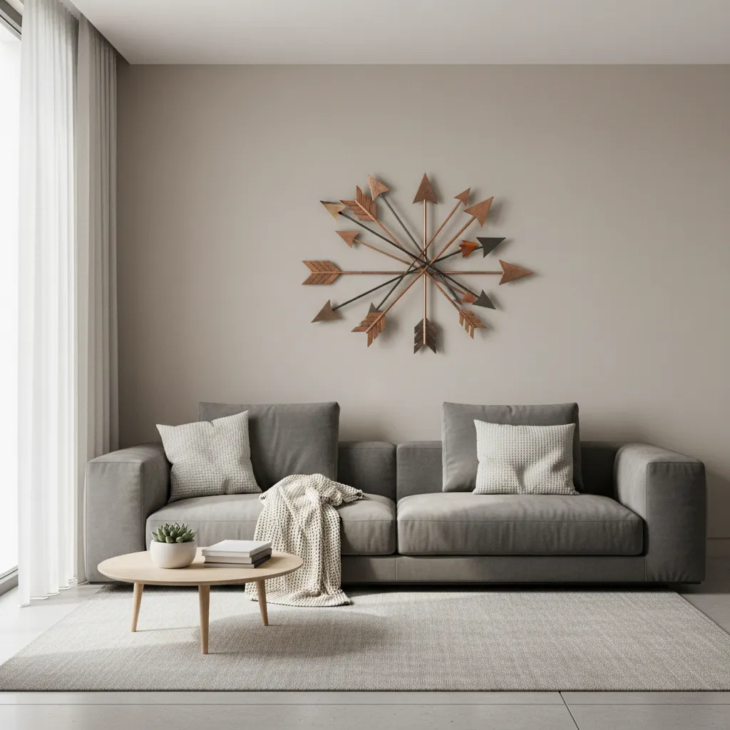 Decorative metal arrow wall art mounted above a sofa in a modern living room