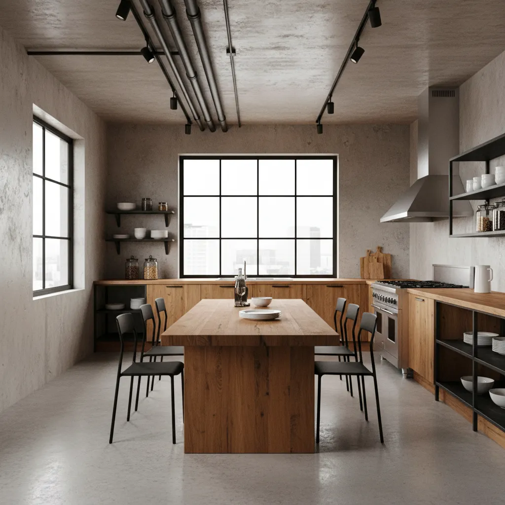 Industrial metal chairs paired with butcher block kitchen table
