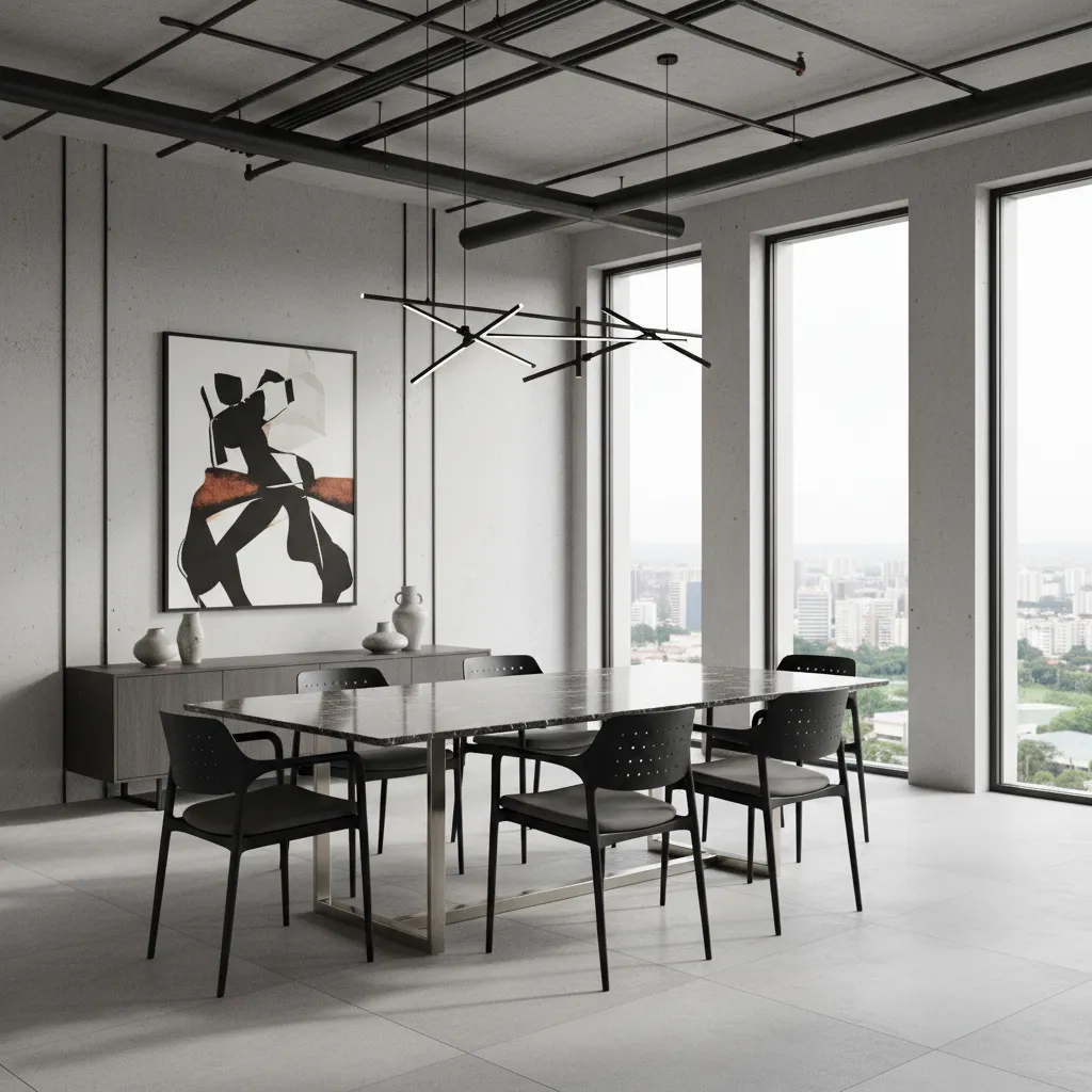 Black metal dining chairs paired with a granite dining table in a modern interior