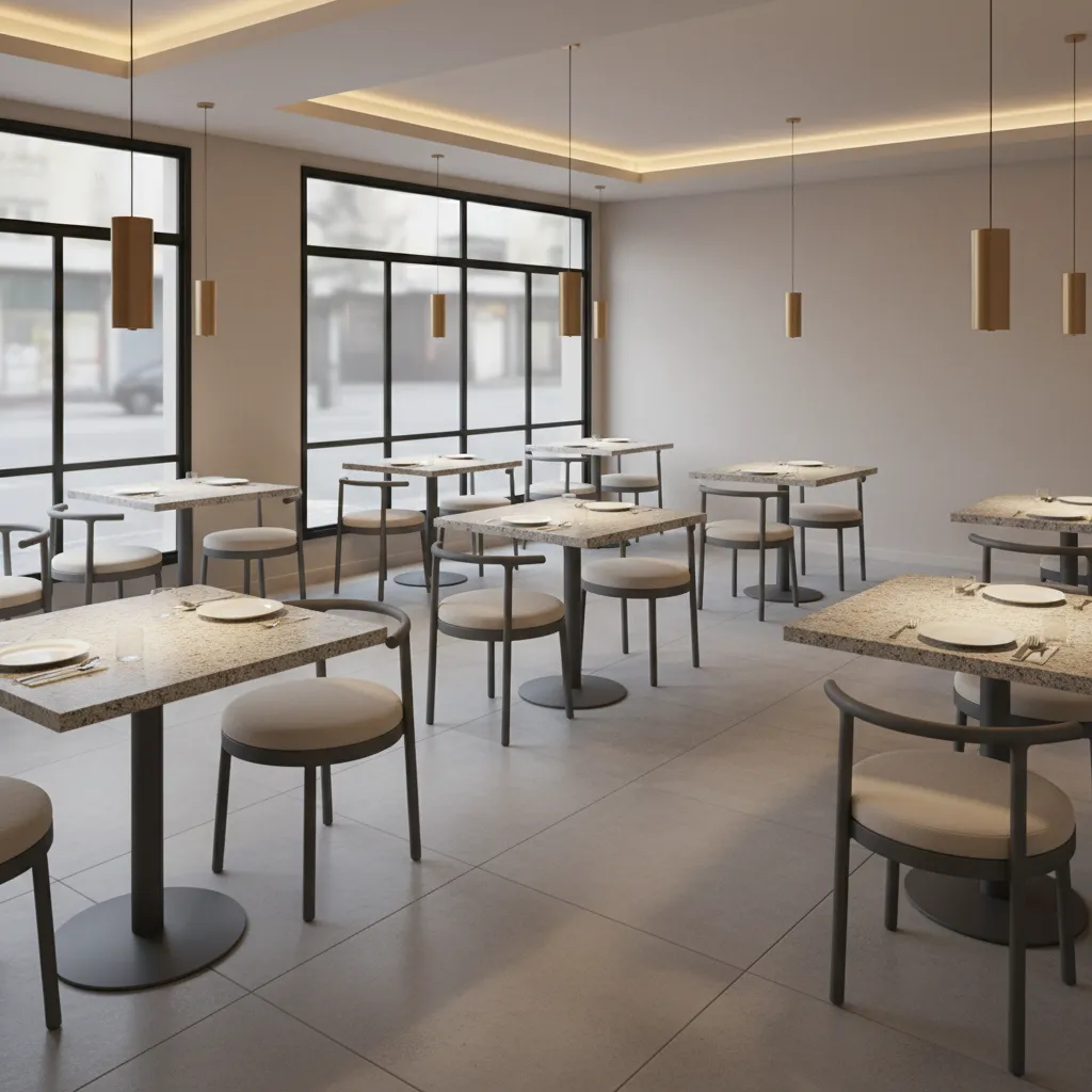 Metal dining chairs paired with granite tables in restaurant seating layout