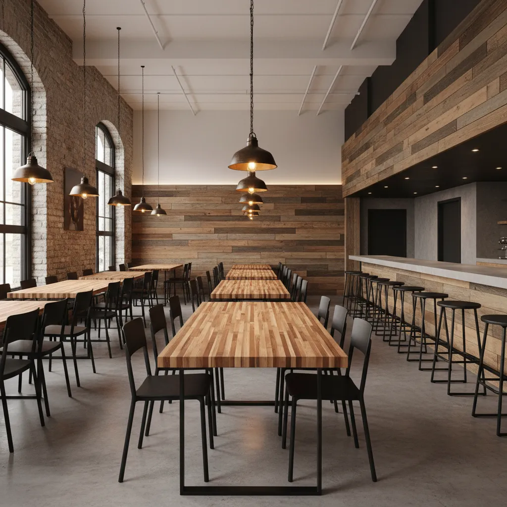 Black metal restaurant chairs paired with thick wood butcher block tables