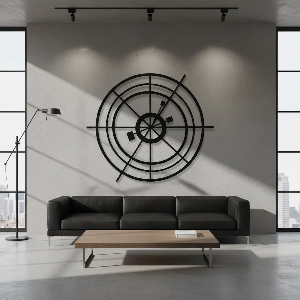black metal circle wall decor installation on modern wall