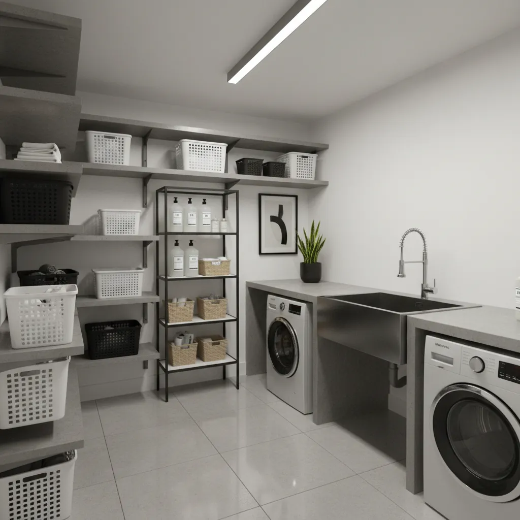 Powder coated metal corner shelves storing laundry supplies