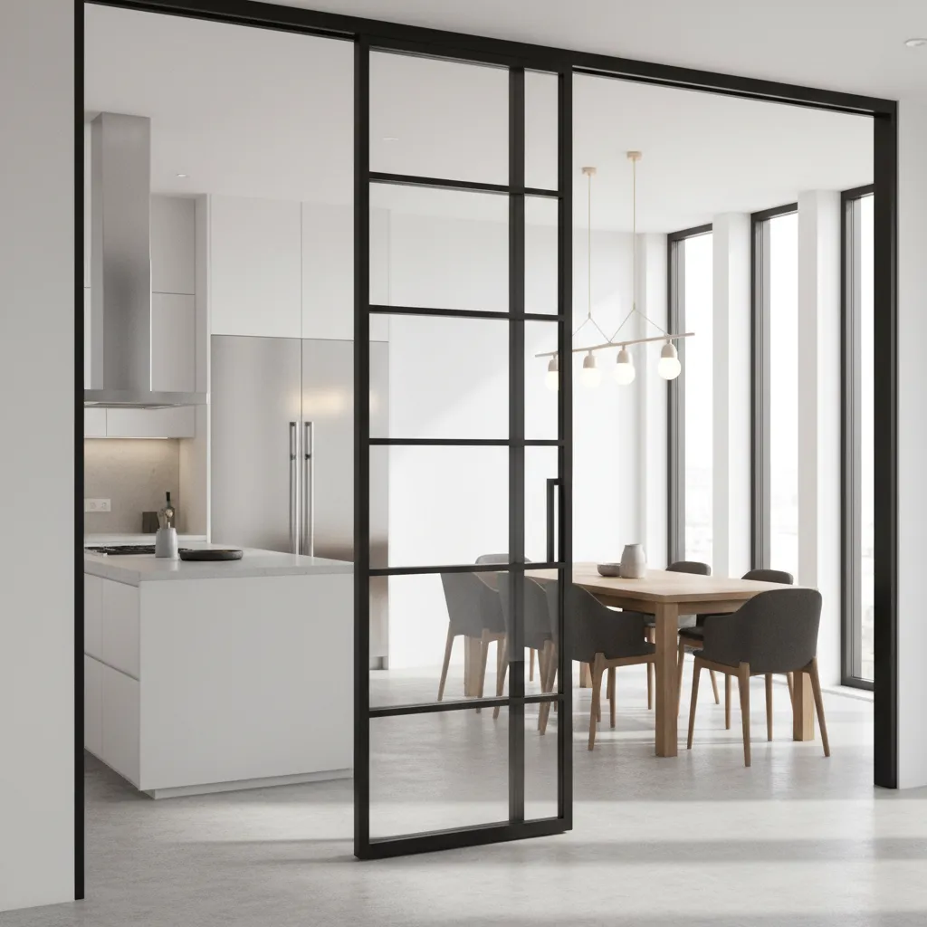 Puerta metálica con vidrio separando cocina y comedor