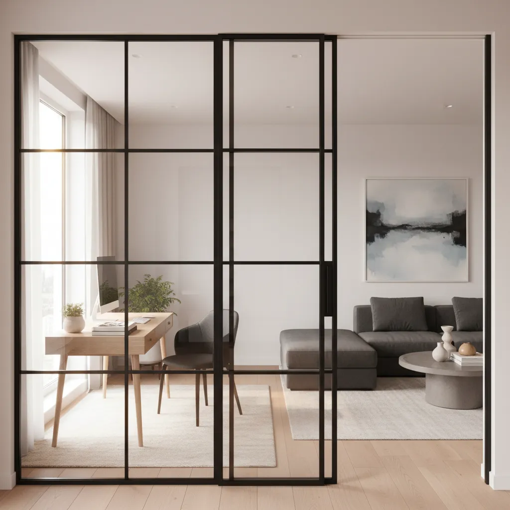 Puerta metálica con vidrio separando despacho doméstico del salón