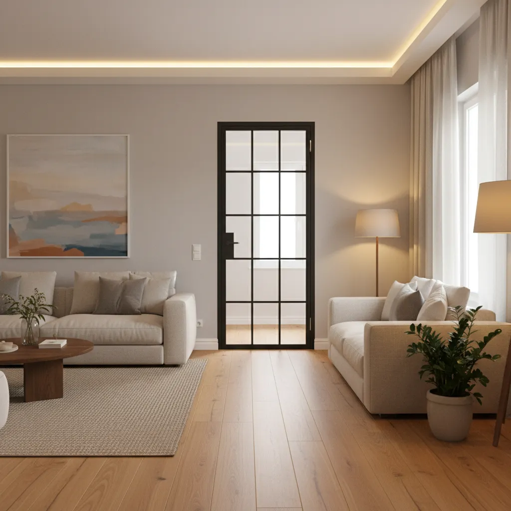 Puerta metálica negra combinada con suelo de madera y decoración cálida