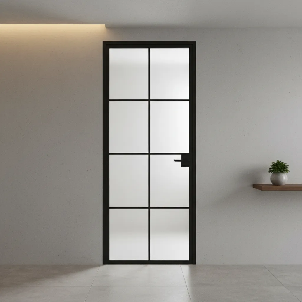 Puerta metálica interior con vidrio esmerilado para privacidad