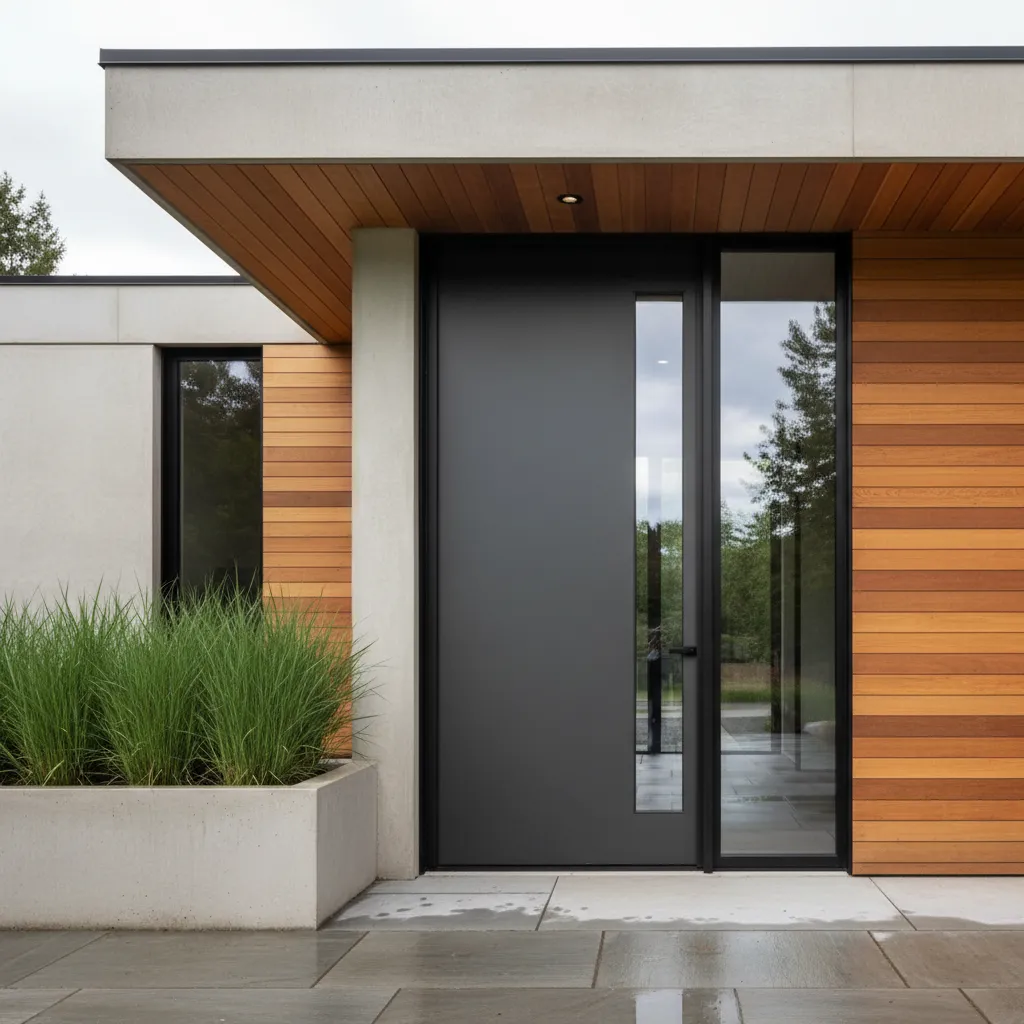 Puerta metálica moderna con panel de vidrio