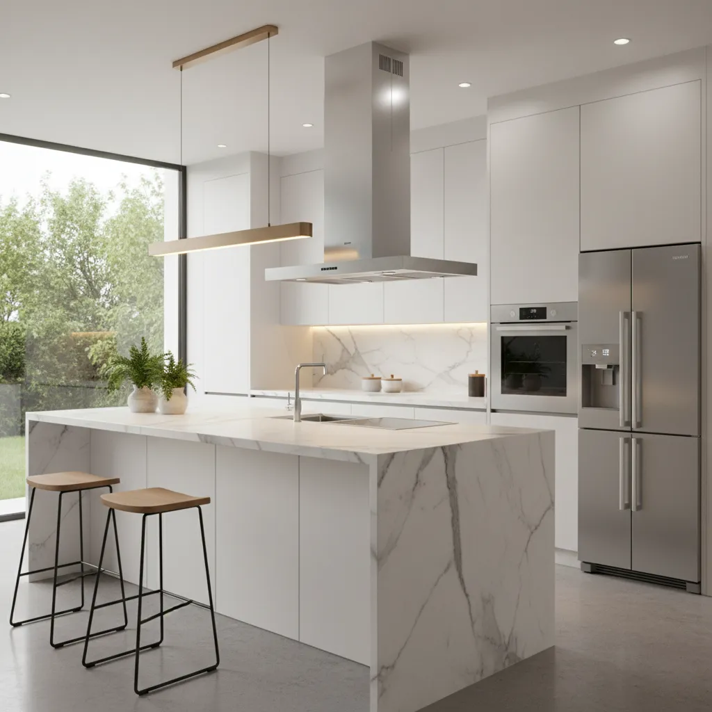 thiết kế bếp sáng với mặt đá và kim loại phù hợp người mệnh Kim