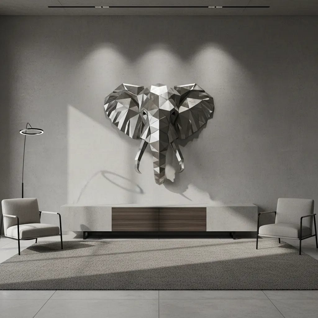Brushed metal elephant head wall sculpture in modern interior