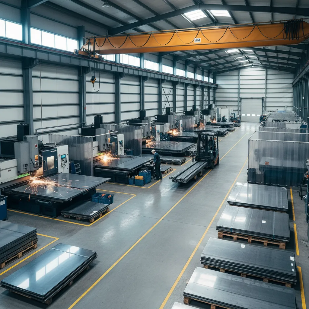 metal fabrication shop layout with cnc machines welding stations and forklift lanes