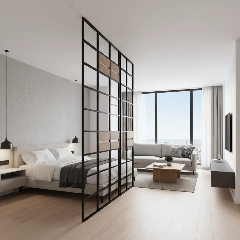 Metal frame room divider separating bed and living area in a studio apartment