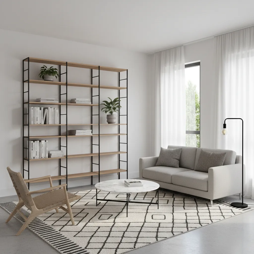 Small living room wall with black metal frame shelving and wood shelves