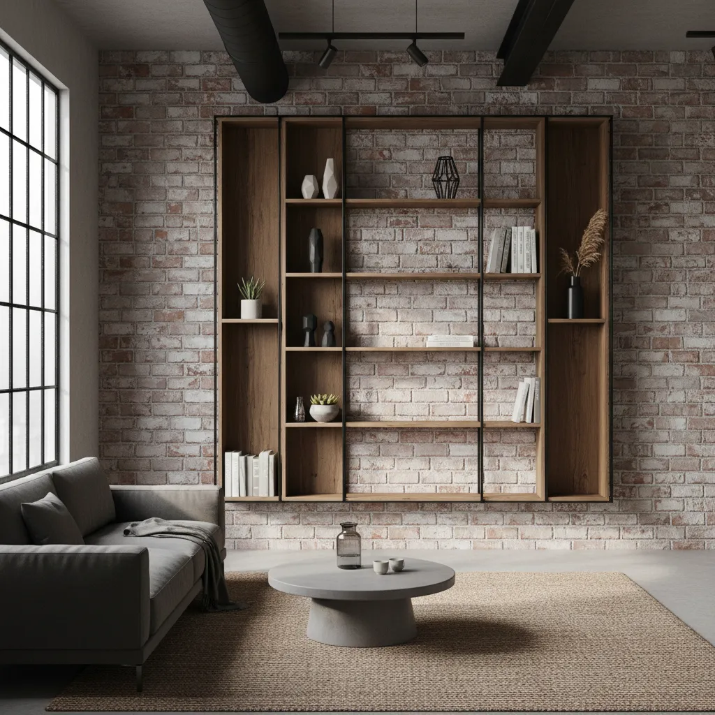 Industrial style wall showcase with black metal frame and wooden shelves