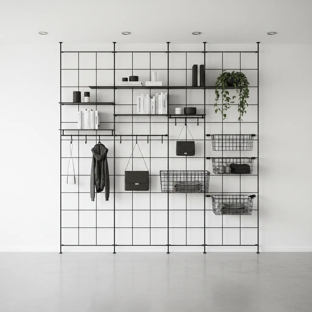 Floor to ceiling metal grid wall with modular shelves and hooks