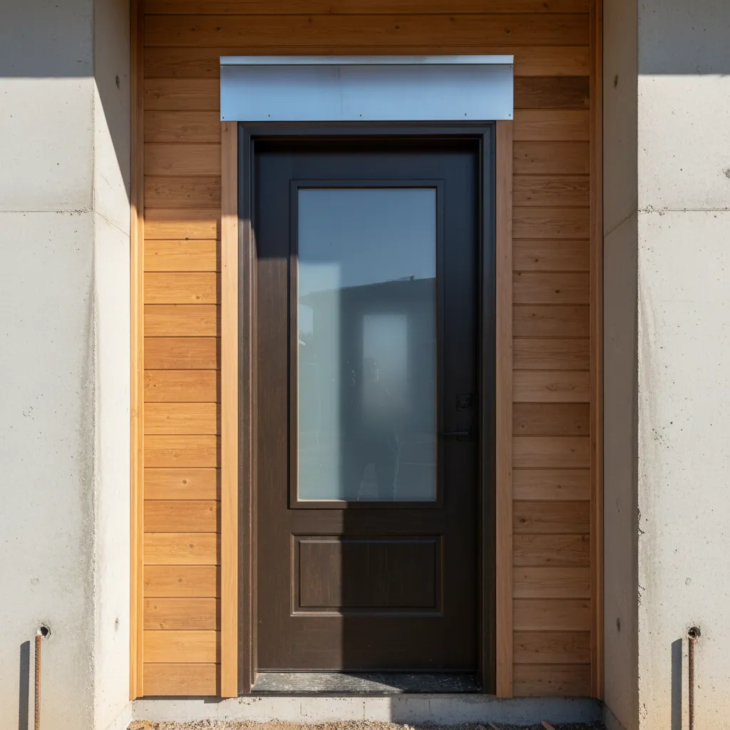 Metal head flashing installed above exterior door for water drainage