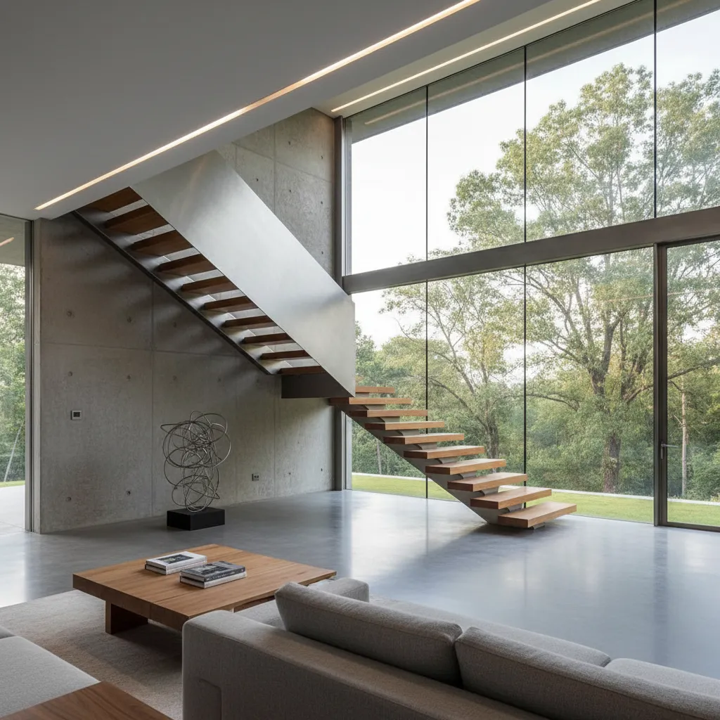 Modern open room with wooden stairs metal frame concrete wall large windows and grey sofa