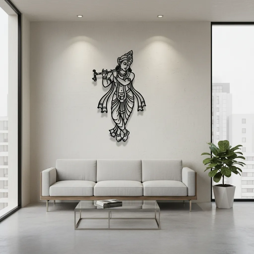 minimalist metal Krishna silhouette wall art mounted on modern interior wall