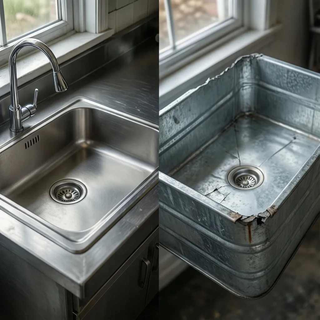 side by side comparison of stainless steel and galvanized sink materials