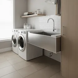 Large metal laundry sink with silver faucet next to white washing machines in bright room