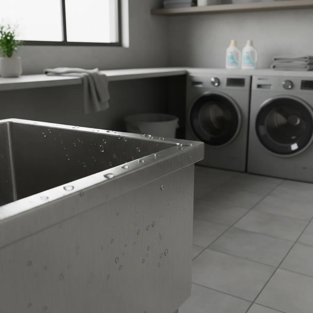 Close up of metal laundry sink with water drops near washing machines in a room